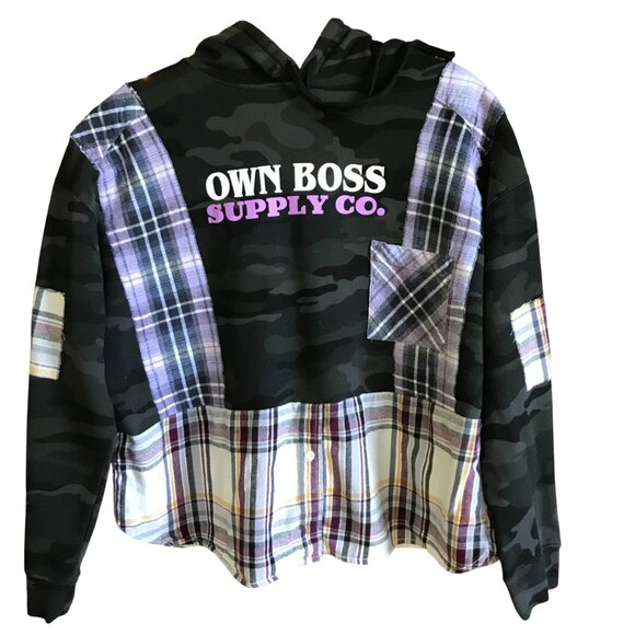 Patchwork Camo Hoodie, Size M-L: Upcycled Hipster Grunge Violet Plaid Sweatshirt - Picture 2 of 14